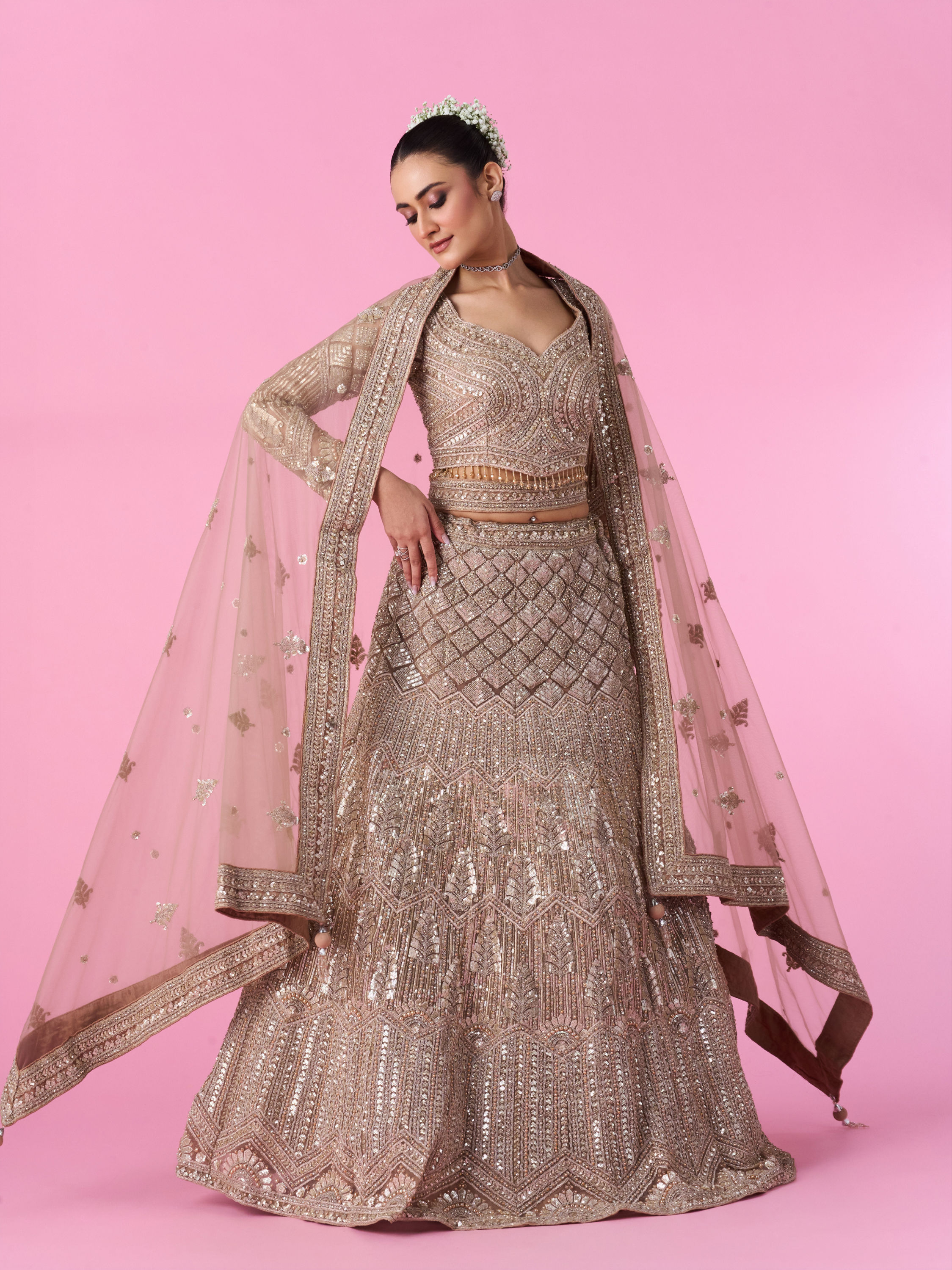 Mohey Women Fawn Glory Net Bridal Lehenga