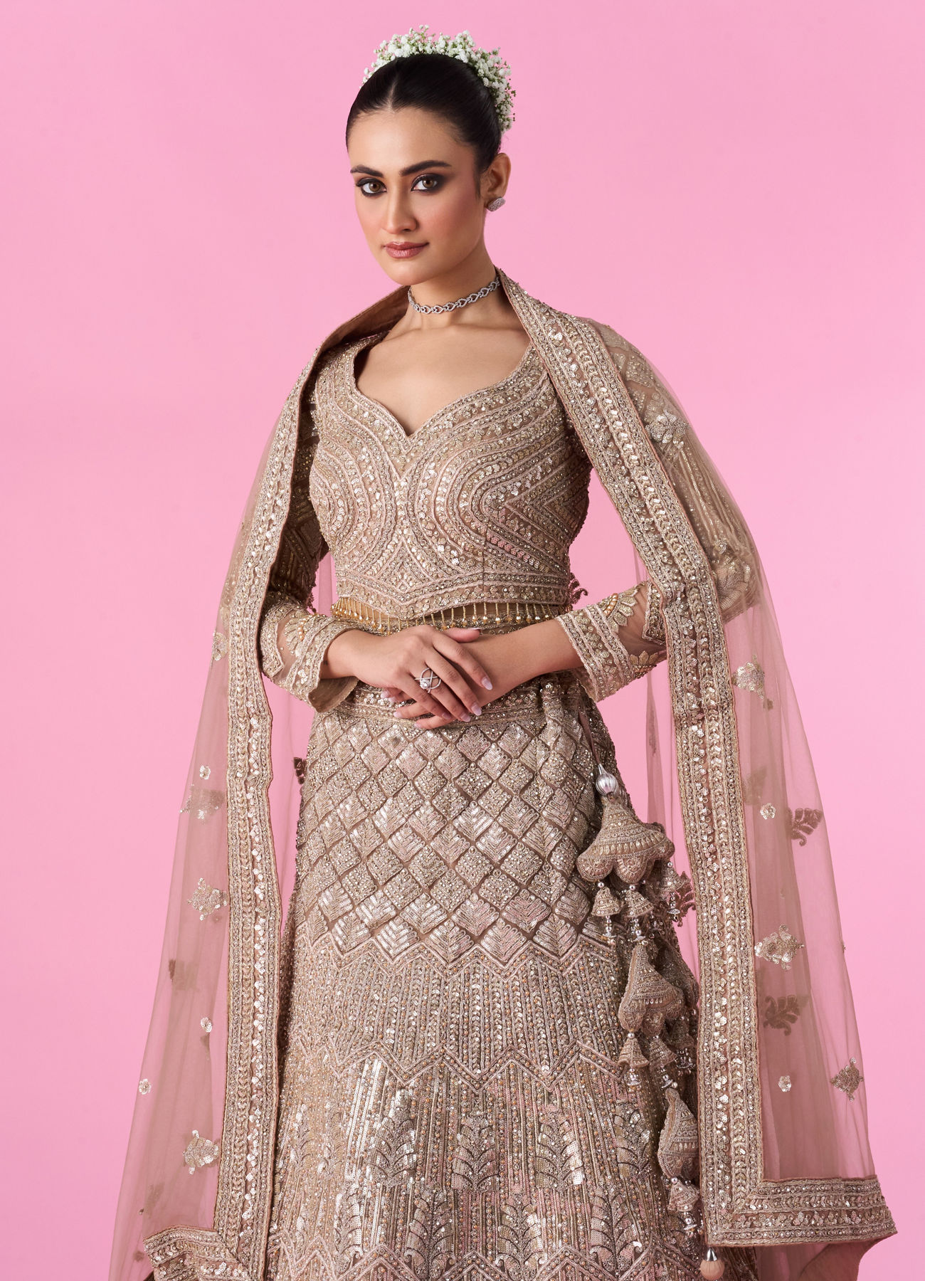 Mohey Women Fawn Glory Net Bridal Lehenga