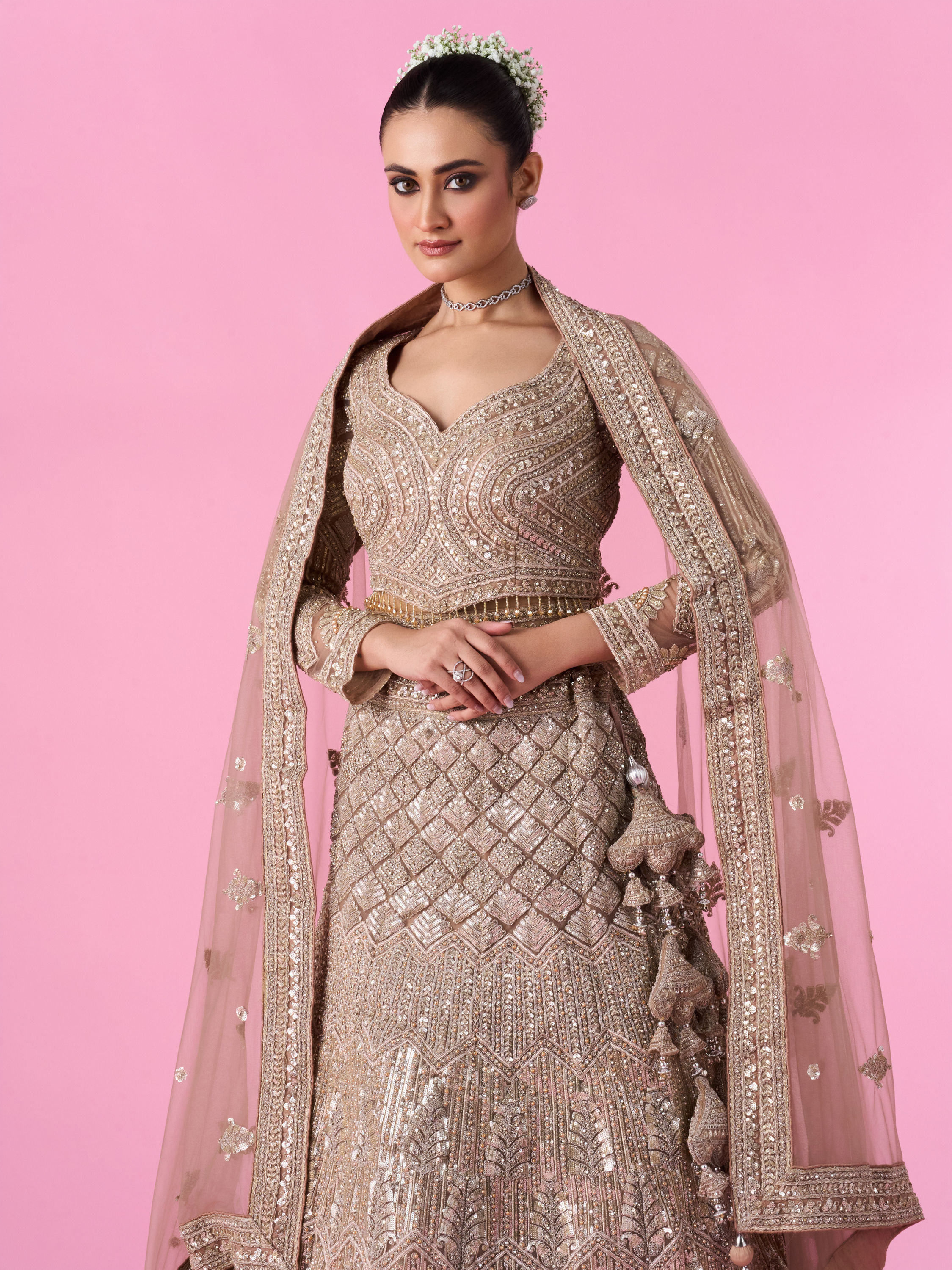 Mohey Women Fawn Glory Net Bridal Lehenga