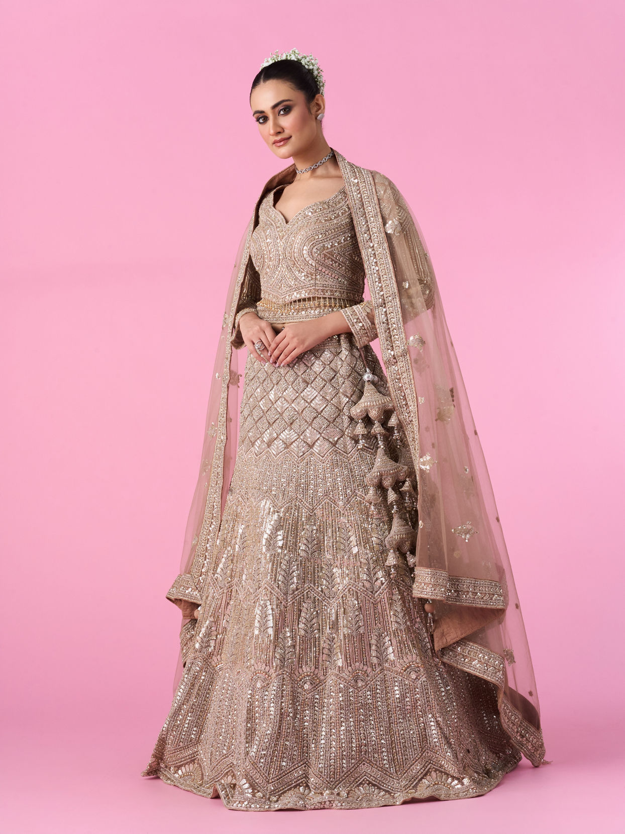 Mohey Women Fawn Glory Net Bridal Lehenga