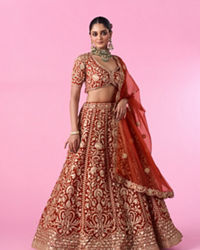 Mohey Women Marigold Magic Georgette Bridal Lehenga