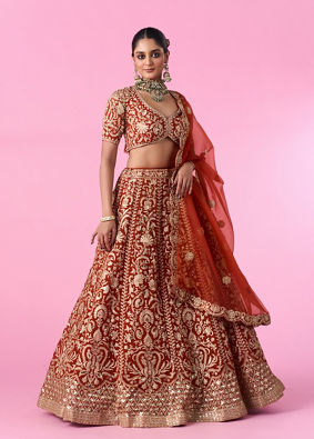 Mohey Women Marigold Magic Georgette Bridal Lehenga