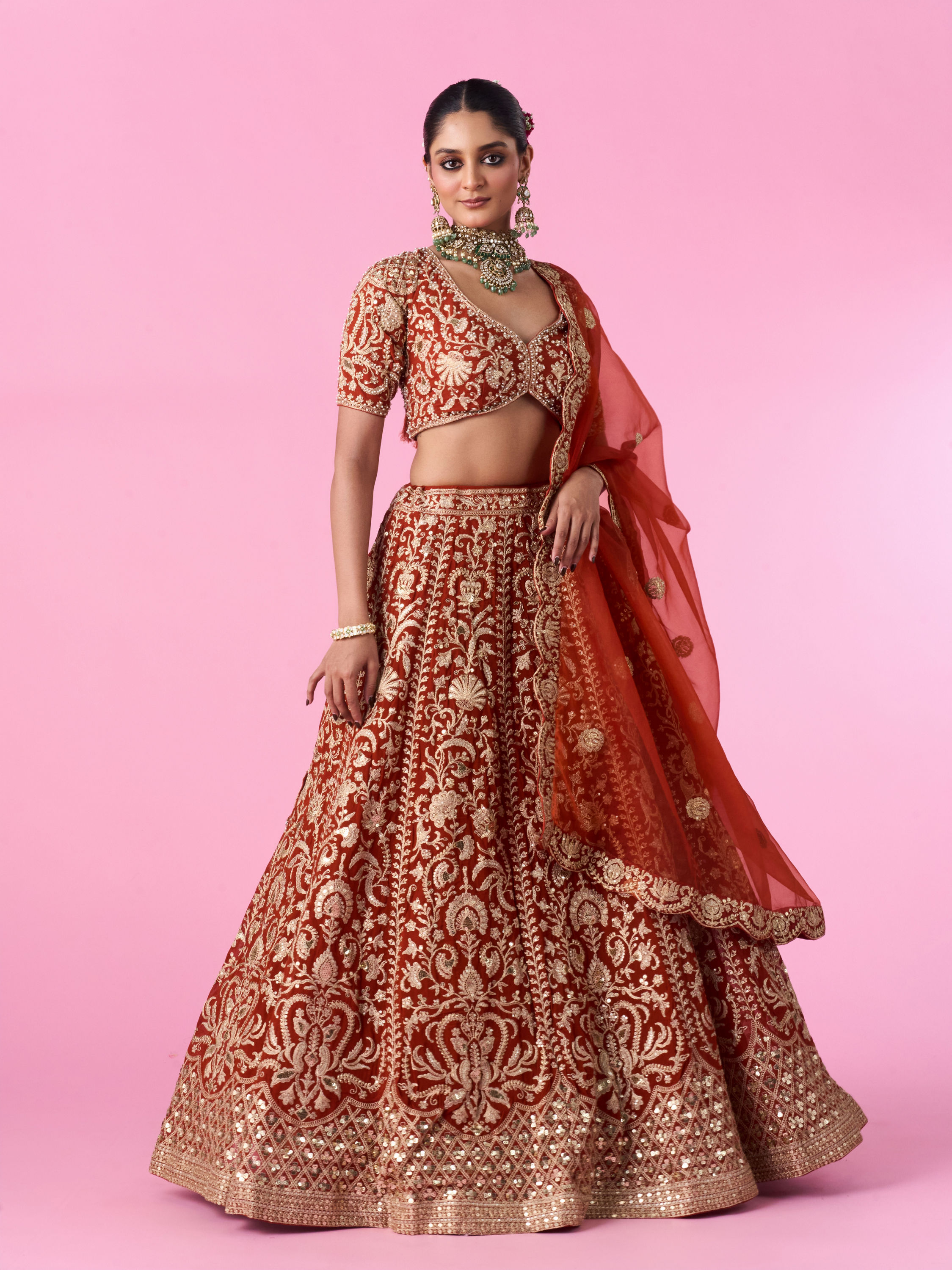 Mohey Women Marigold Magic Georgette Bridal Lehenga