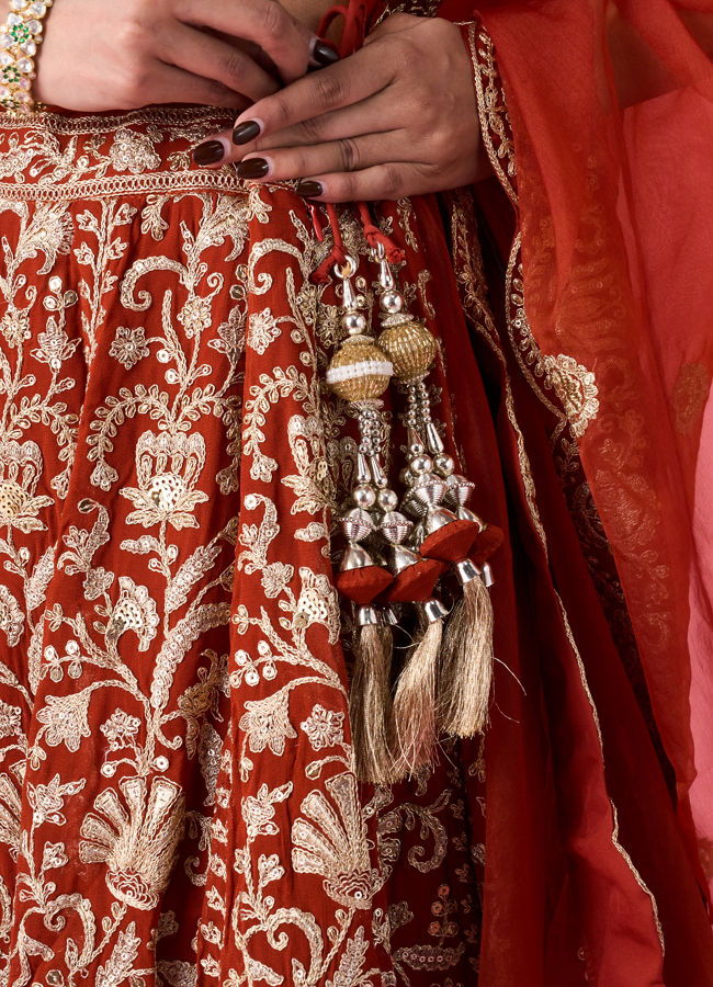 Mohey Women Marigold Magic Georgette Bridal Lehenga