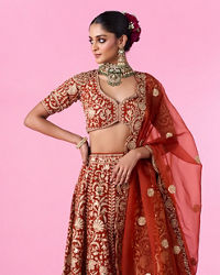 Mohey Women Marigold Magic Georgette Bridal Lehenga