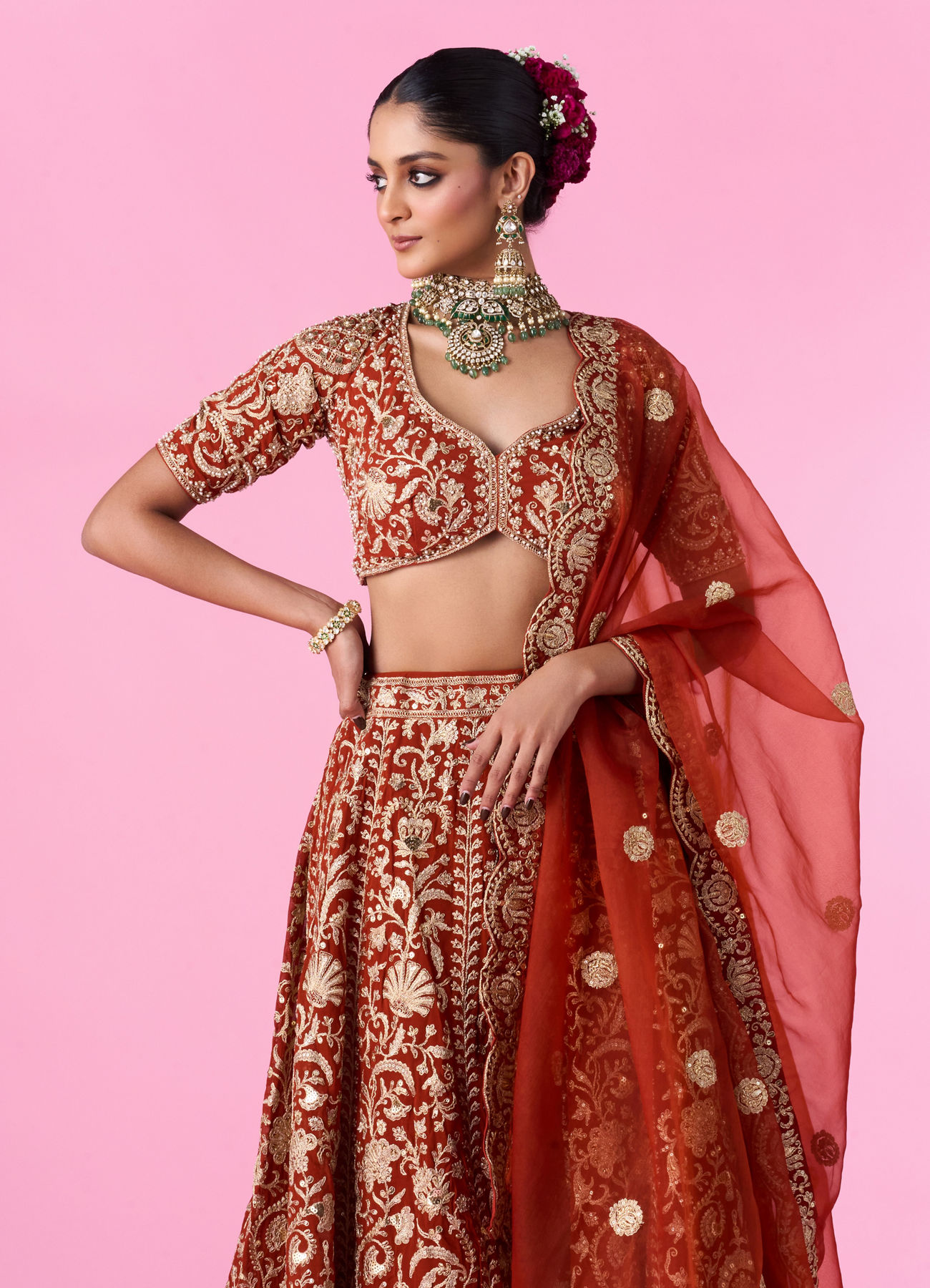 Mohey Women Marigold Magic Georgette Bridal Lehenga