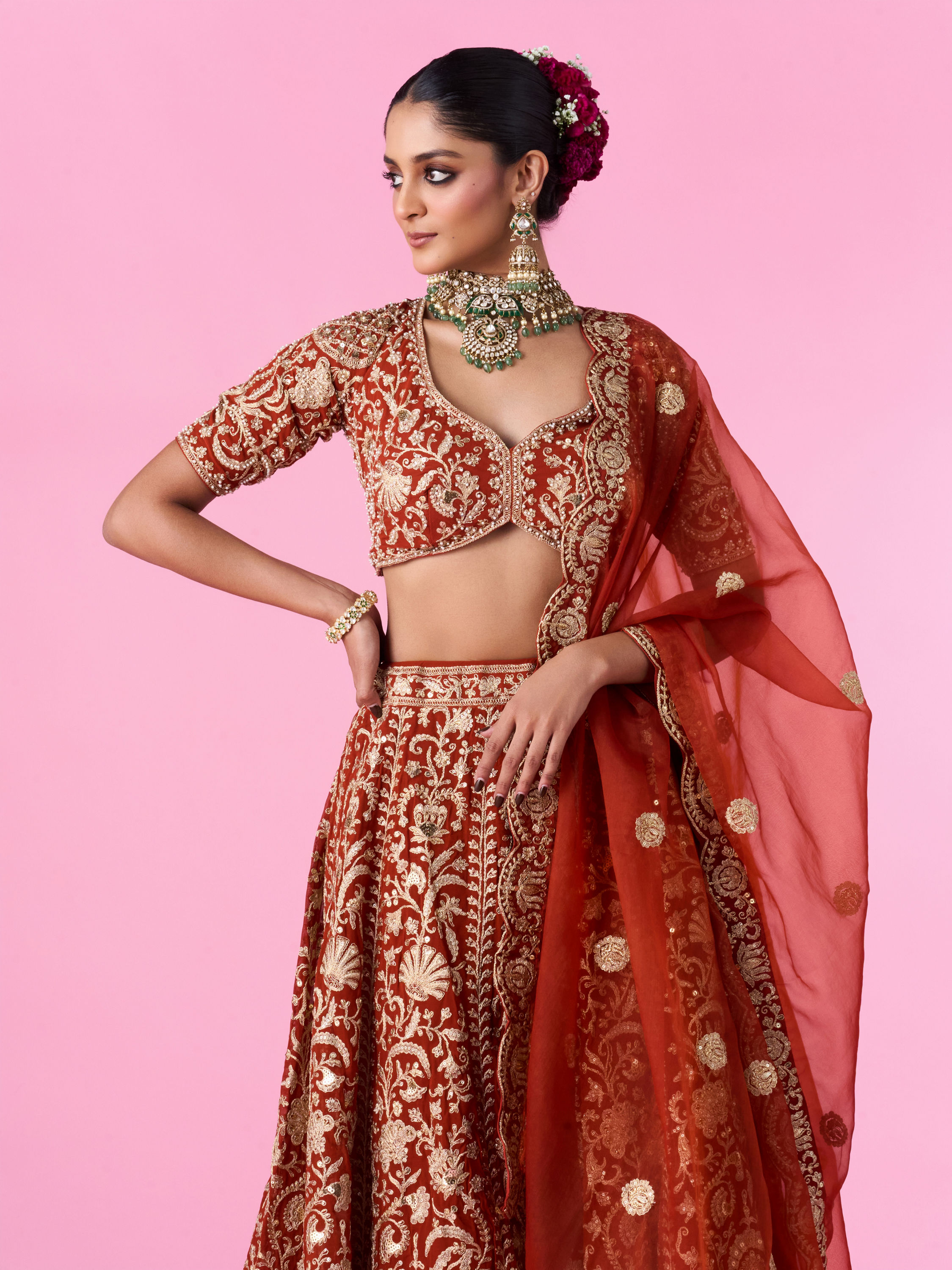 Mohey Women Marigold Magic Georgette Bridal Lehenga