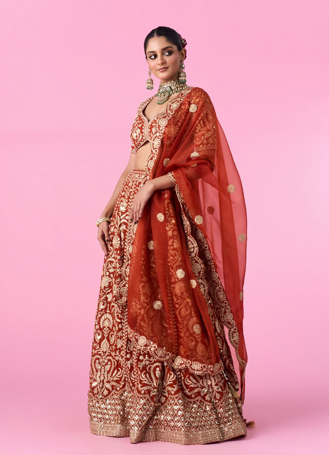 Mohey Women Marigold Magic Georgette Bridal Lehenga