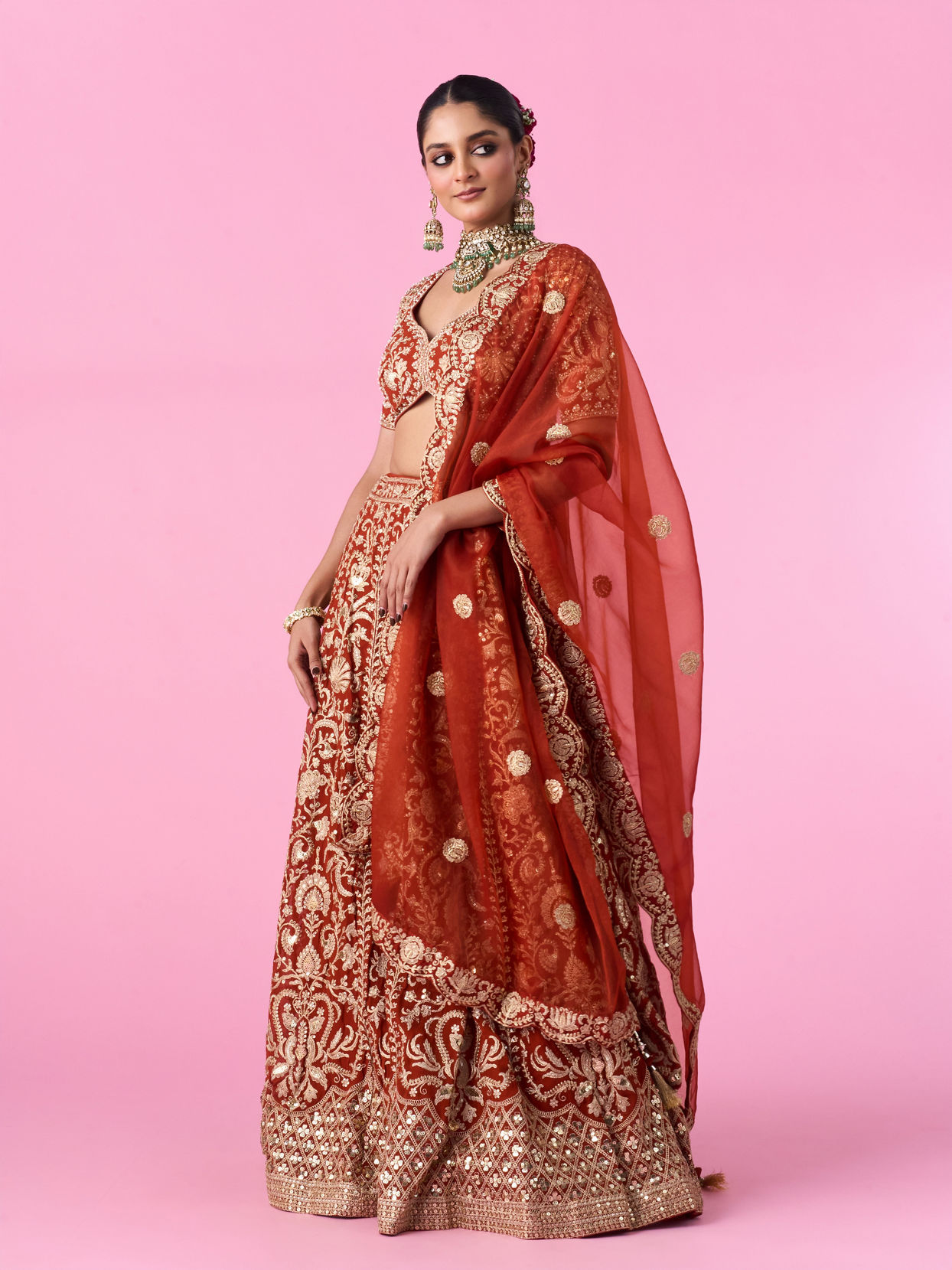 Mohey Women Marigold Magic Georgette Bridal Lehenga