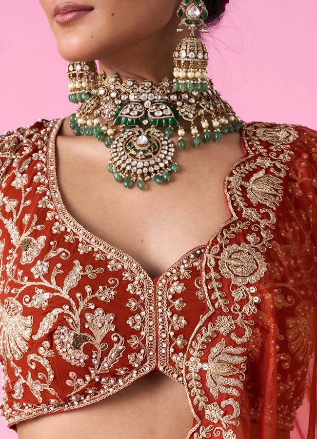 Mohey Women Marigold Magic Georgette Bridal Lehenga