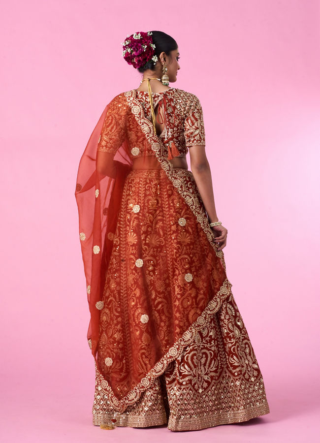 Mohey Women Marigold Magic Georgette Bridal Lehenga