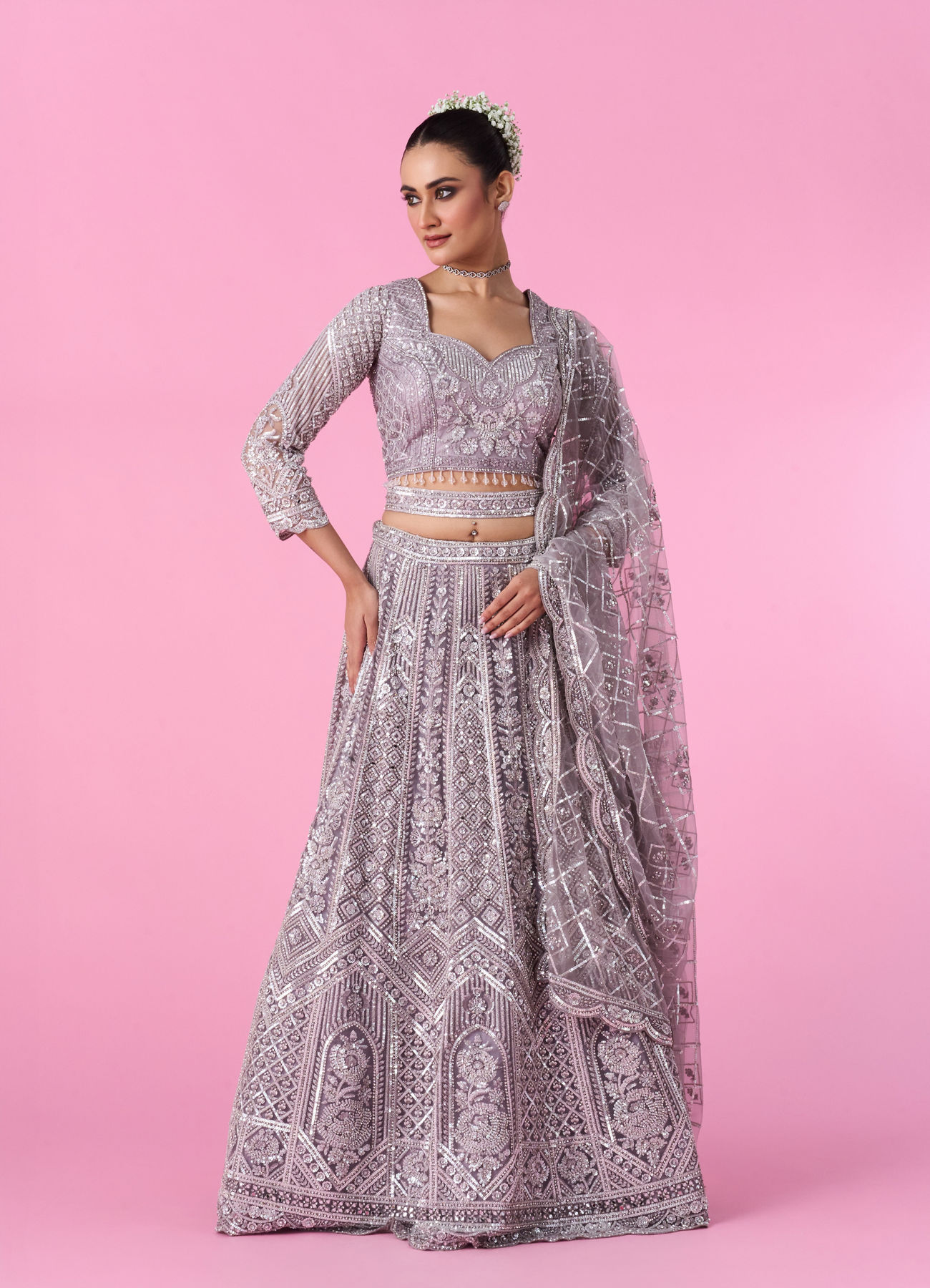 Mohey Women Regal Lilac Net Bridal Lehenga