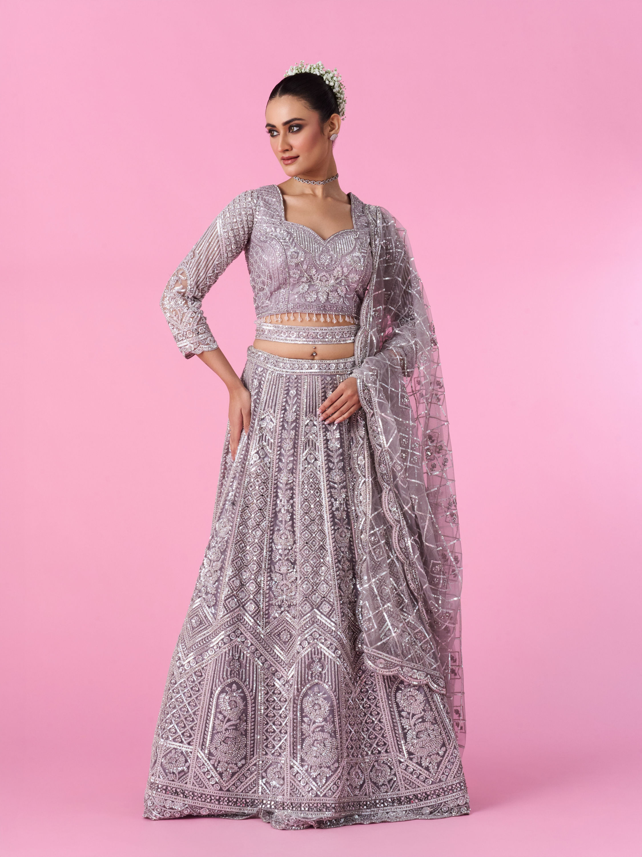 Mohey Women Regal Lilac Net Bridal Lehenga