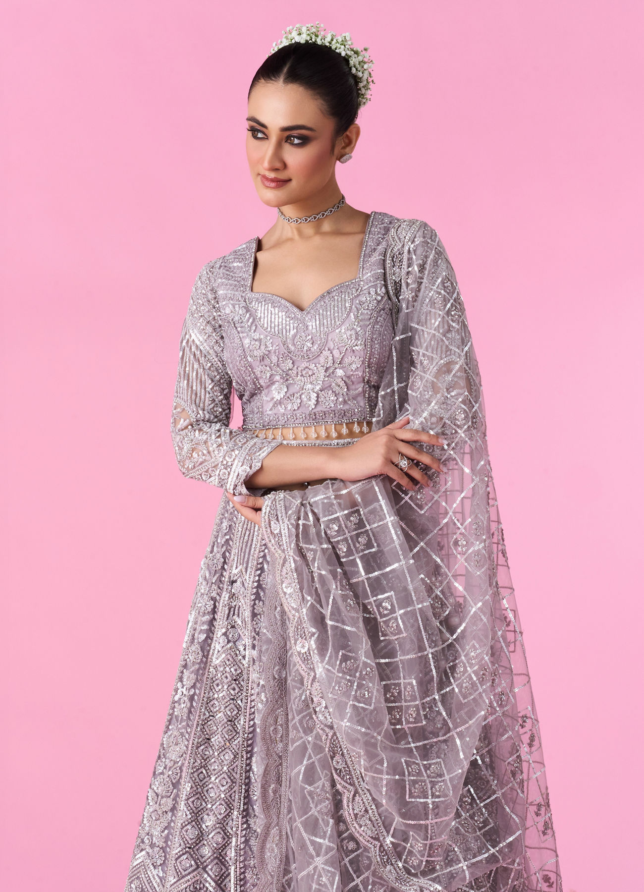 Mohey Women Regal Lilac Net Bridal Lehenga