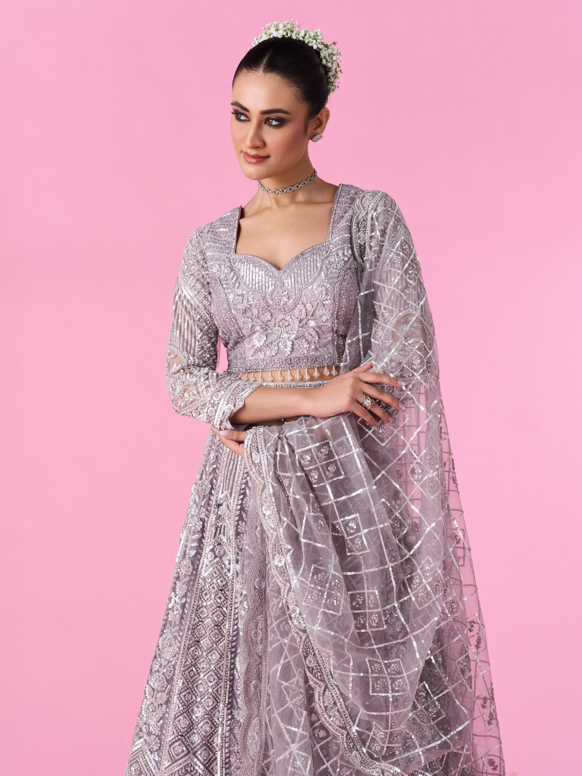 Mohey Women Regal Lilac Net Bridal Lehenga