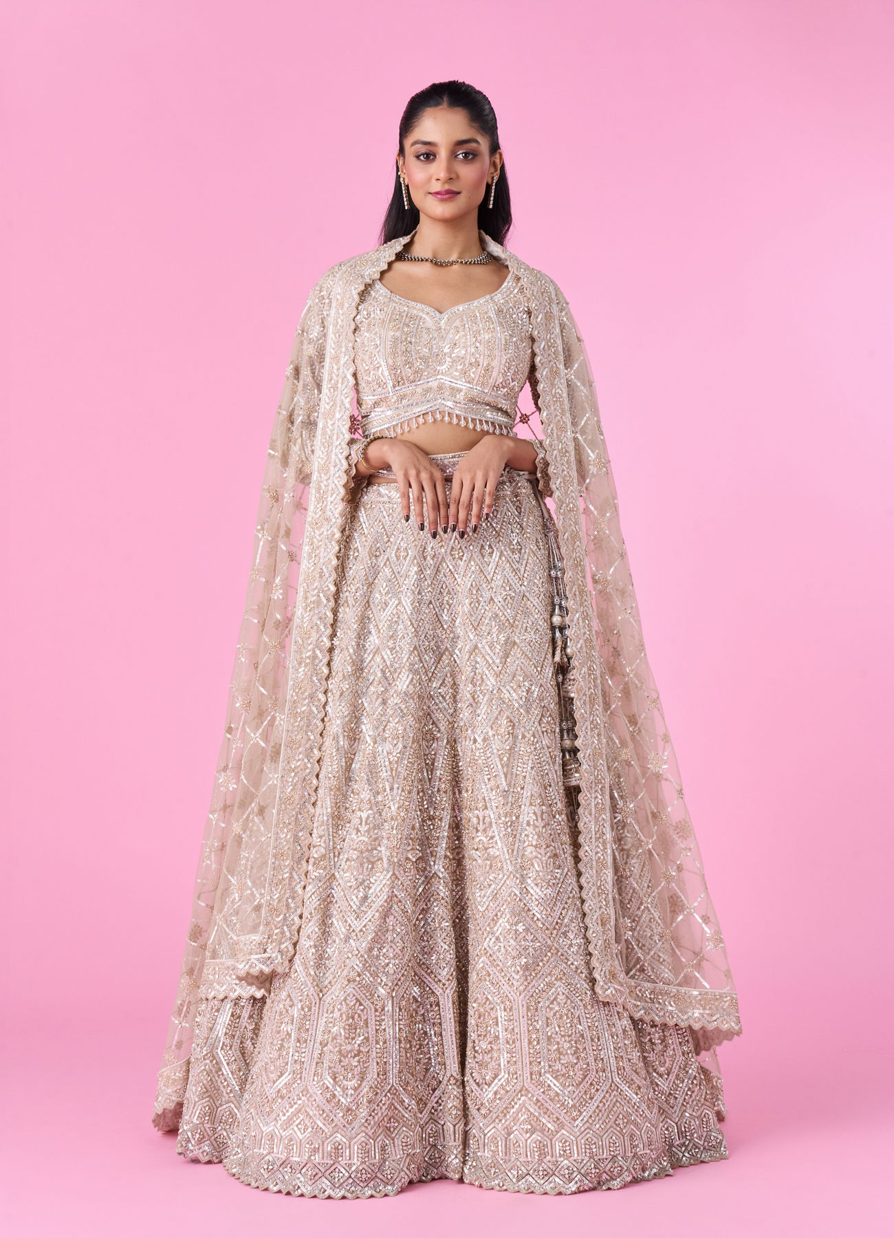 Mohey Women Cream Bridal Lehenga Set with Net Fabric