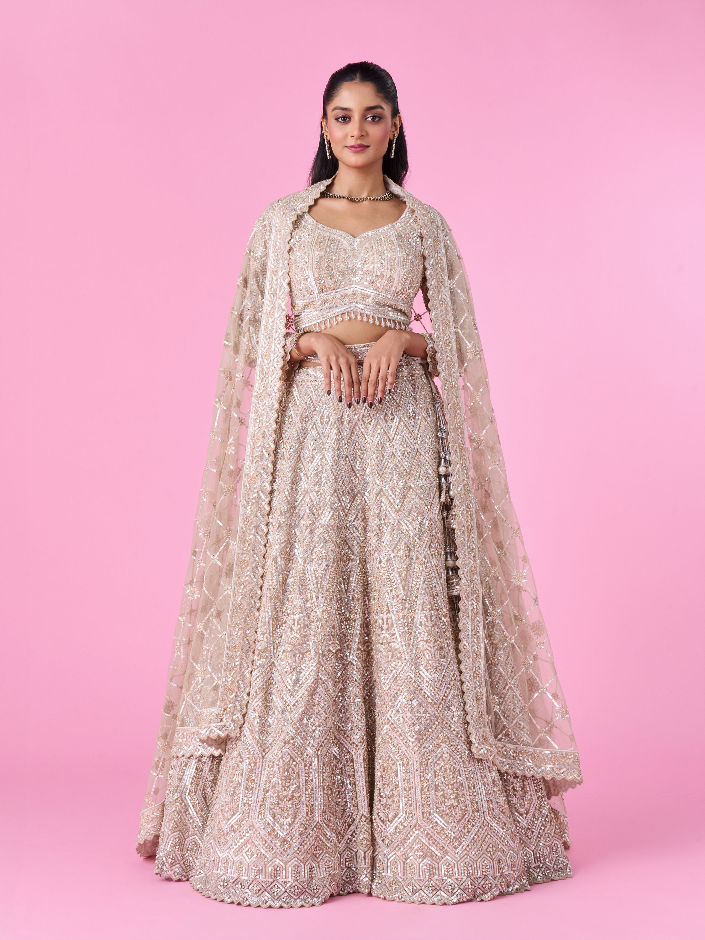 Mohey Women Cream Bridal Lehenga Set with Net Fabric