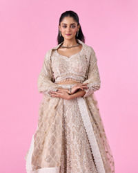 Mohey Women Cream Bridal Lehenga Set with Net Fabric