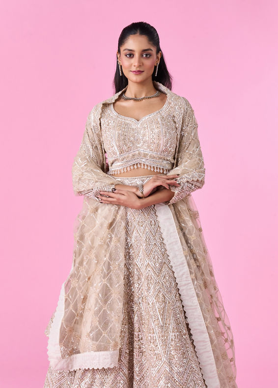 Mohey Women Cream Bridal Lehenga Set with Net Fabric
