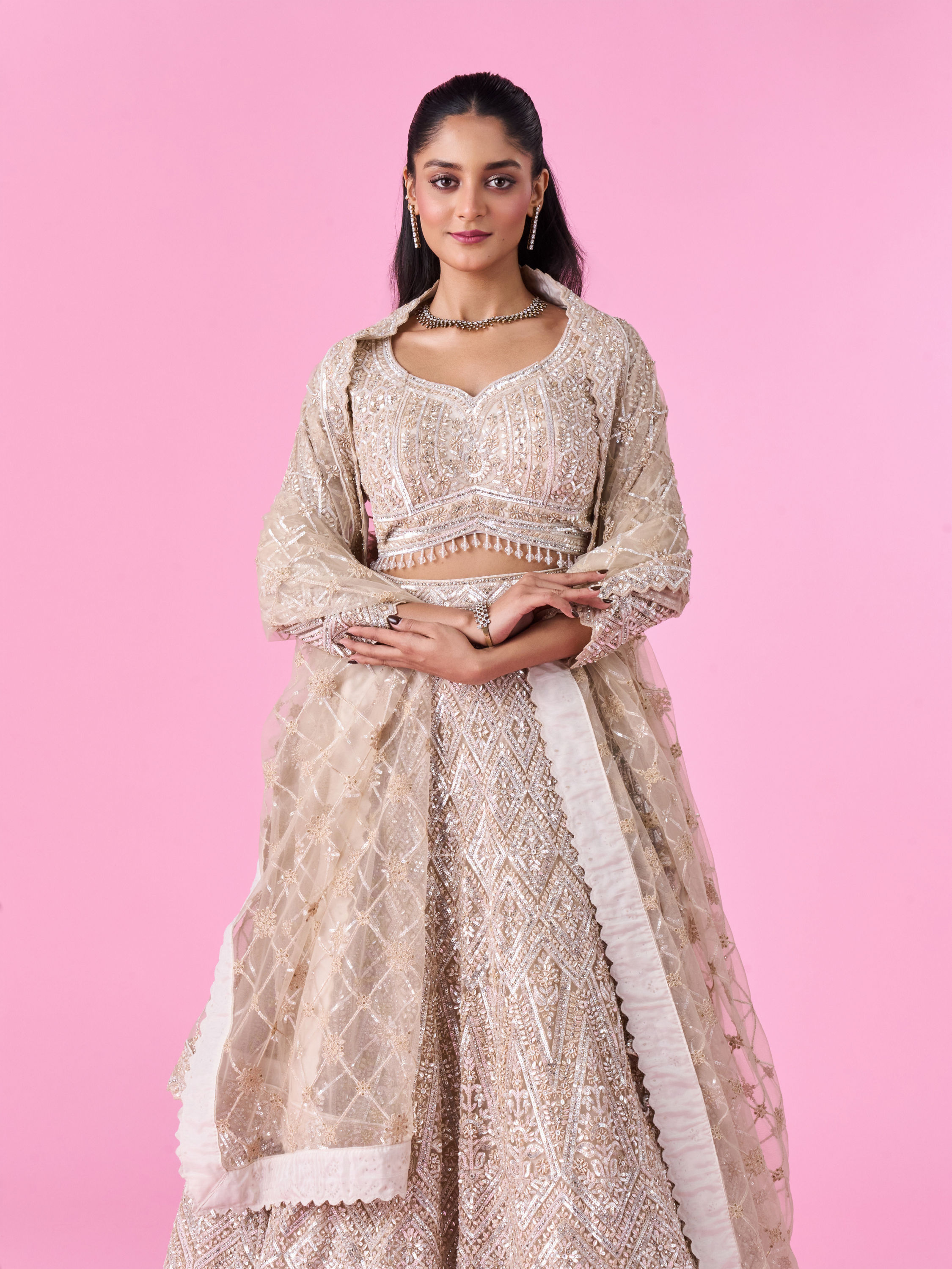 Mohey Women Cream Bridal Lehenga Set with Net Fabric