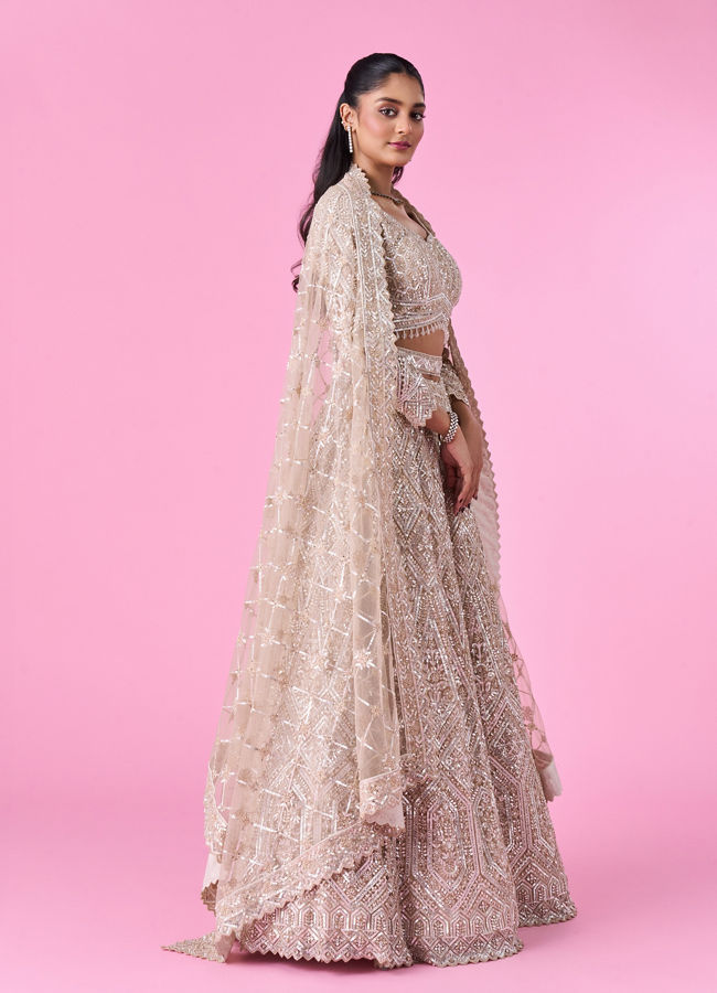Mohey Women Cream Bridal Lehenga Set with Net Fabric