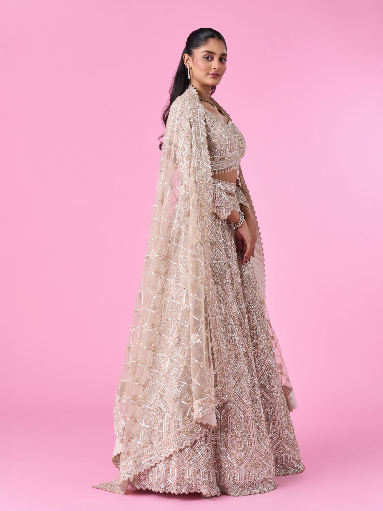 Mohey Women Cream Bridal Lehenga Set with Net Fabric