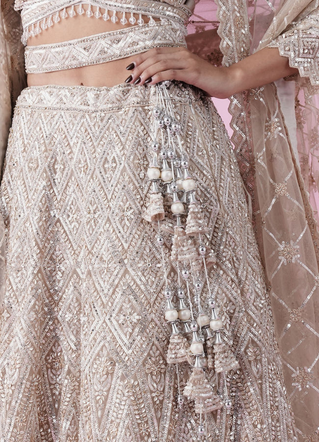 Mohey Women Cream Bridal Lehenga Set with Net Fabric