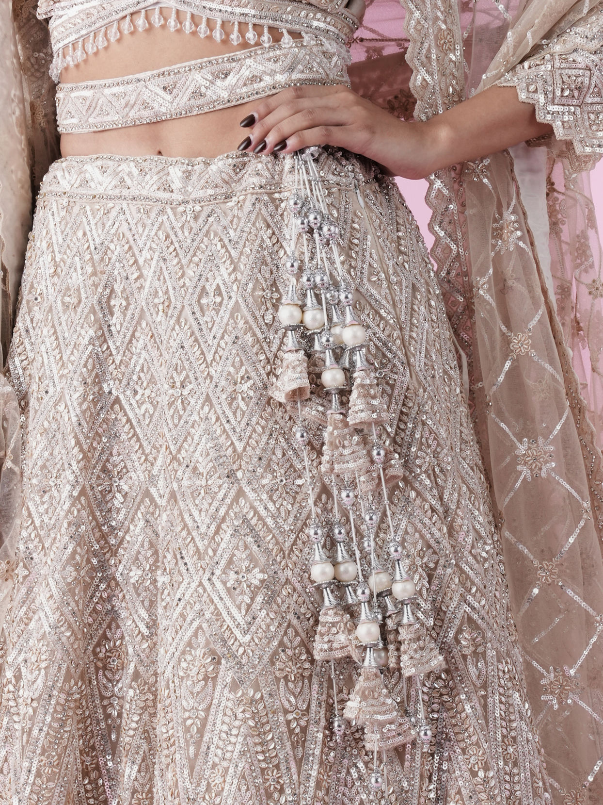 Mohey Women Cream Bridal Lehenga Set with Net Fabric