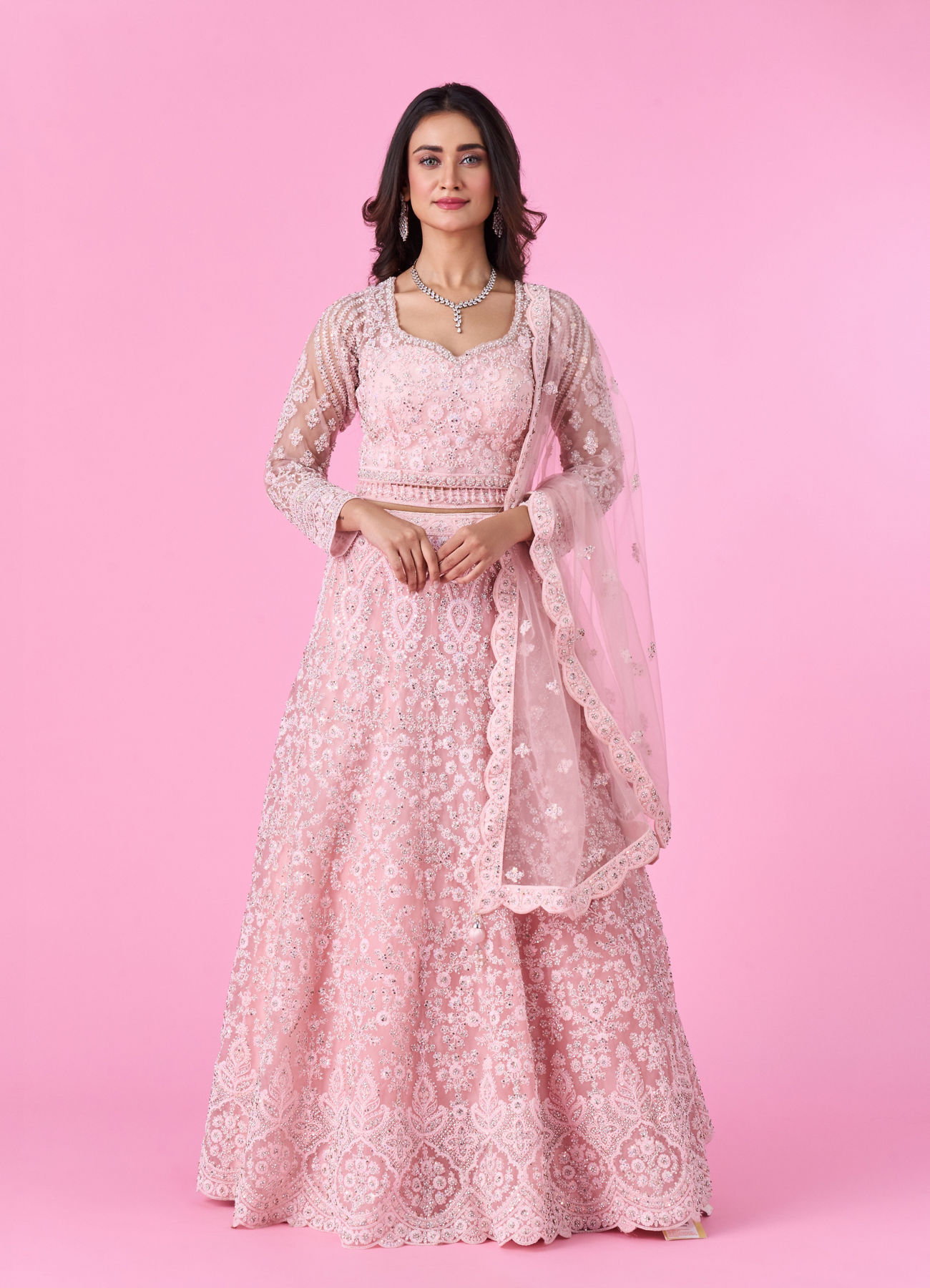 Mohey Women Peach Net Bridal Lehenga