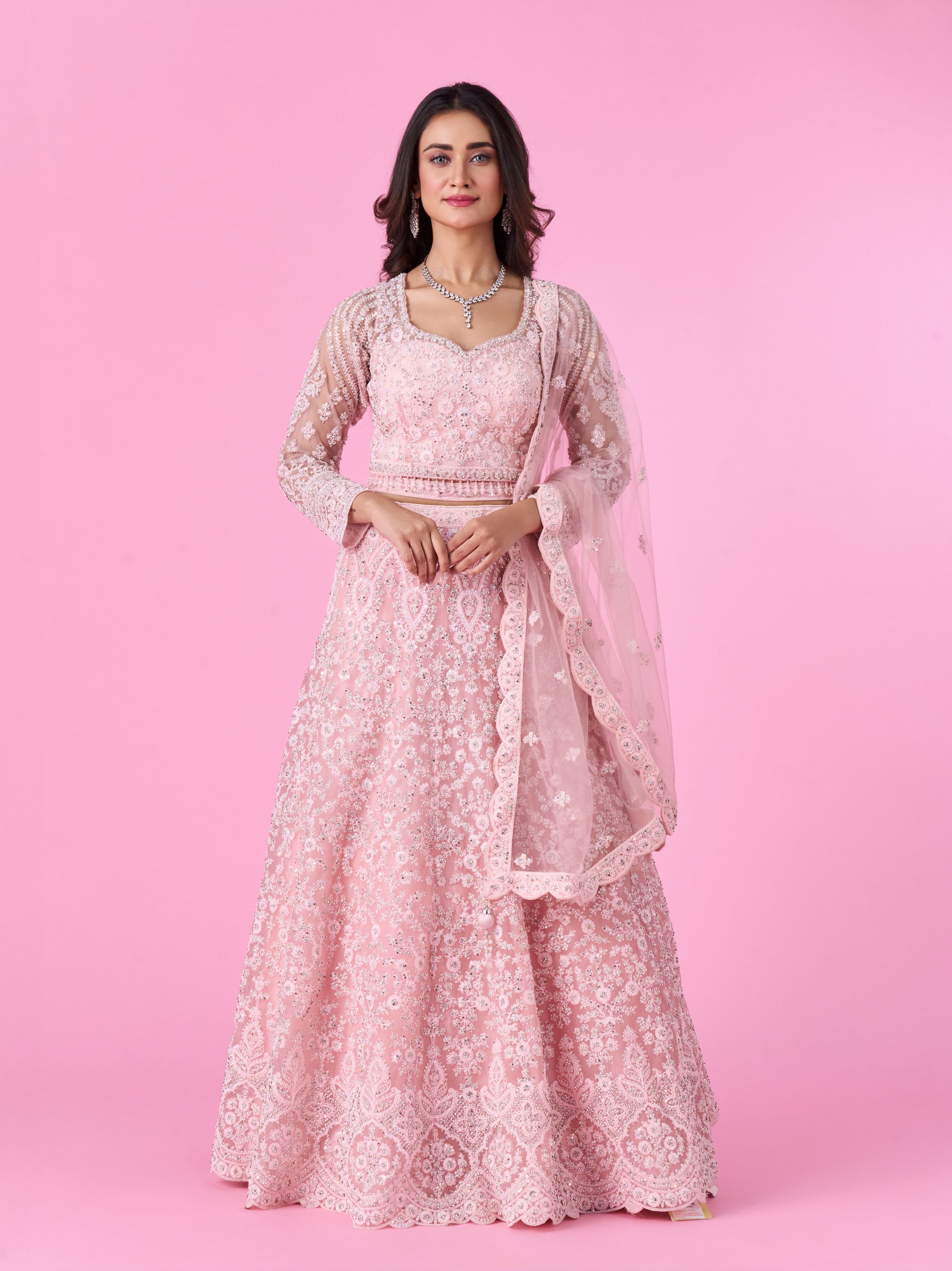 Mohey Women Peach Net Bridal Lehenga
