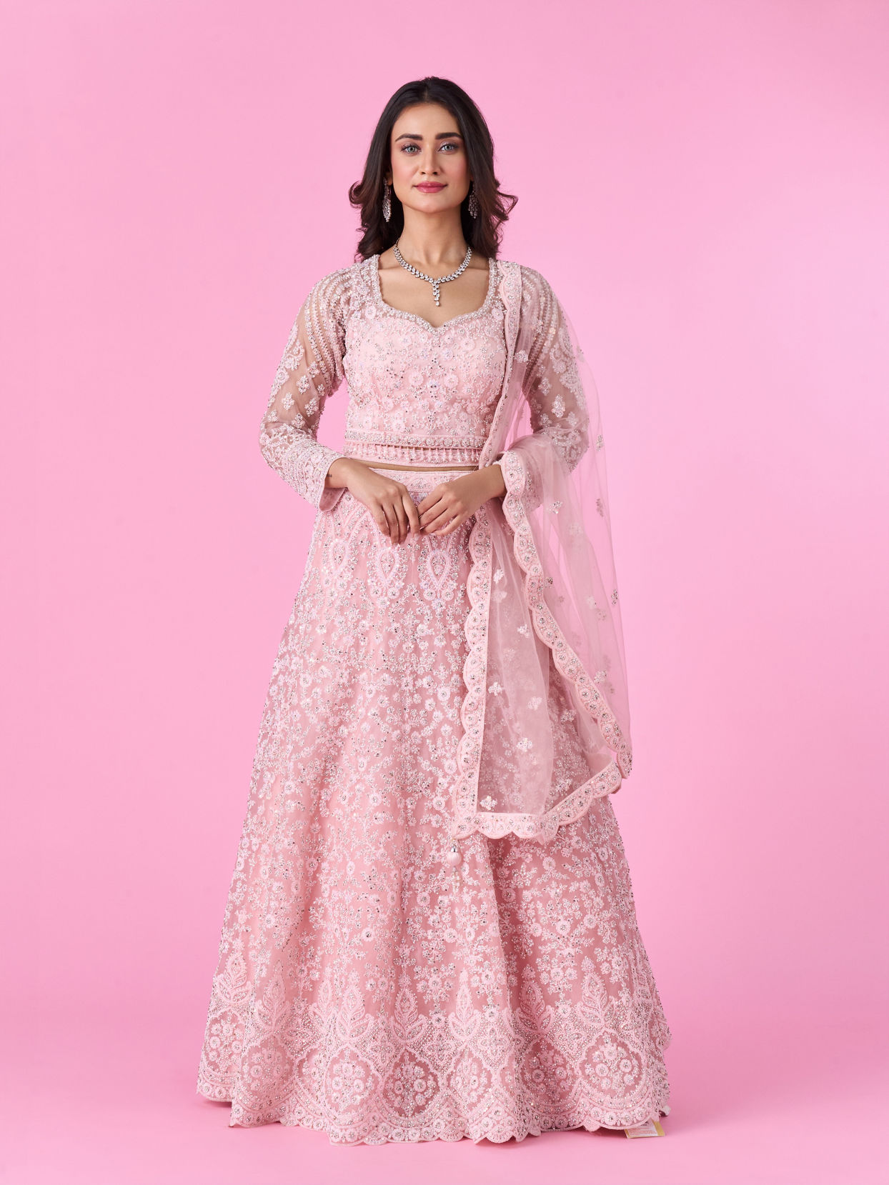Mohey Women Peach Net Bridal Lehenga