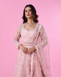 Mohey Women Peach Net Bridal Lehenga