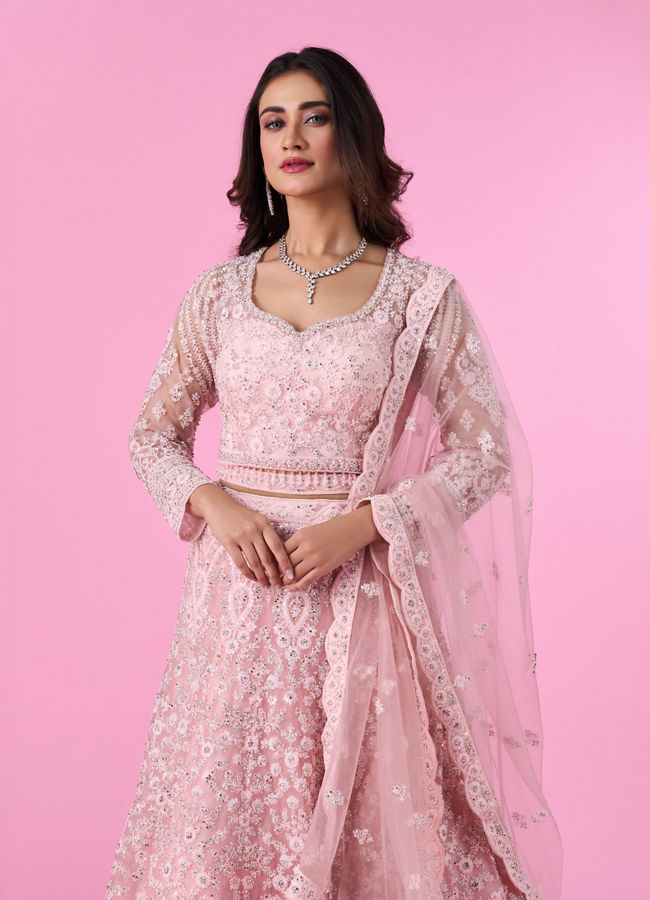 Mohey Women Peach Net Bridal Lehenga