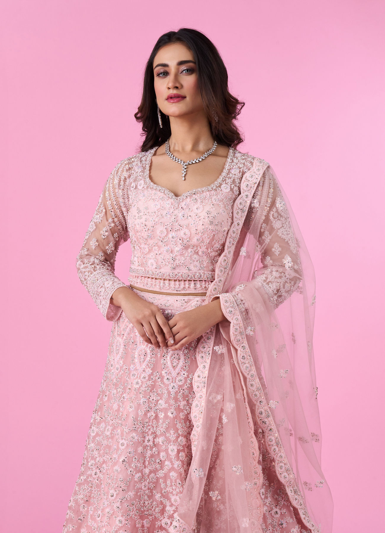 Mohey Women Peach Net Bridal Lehenga