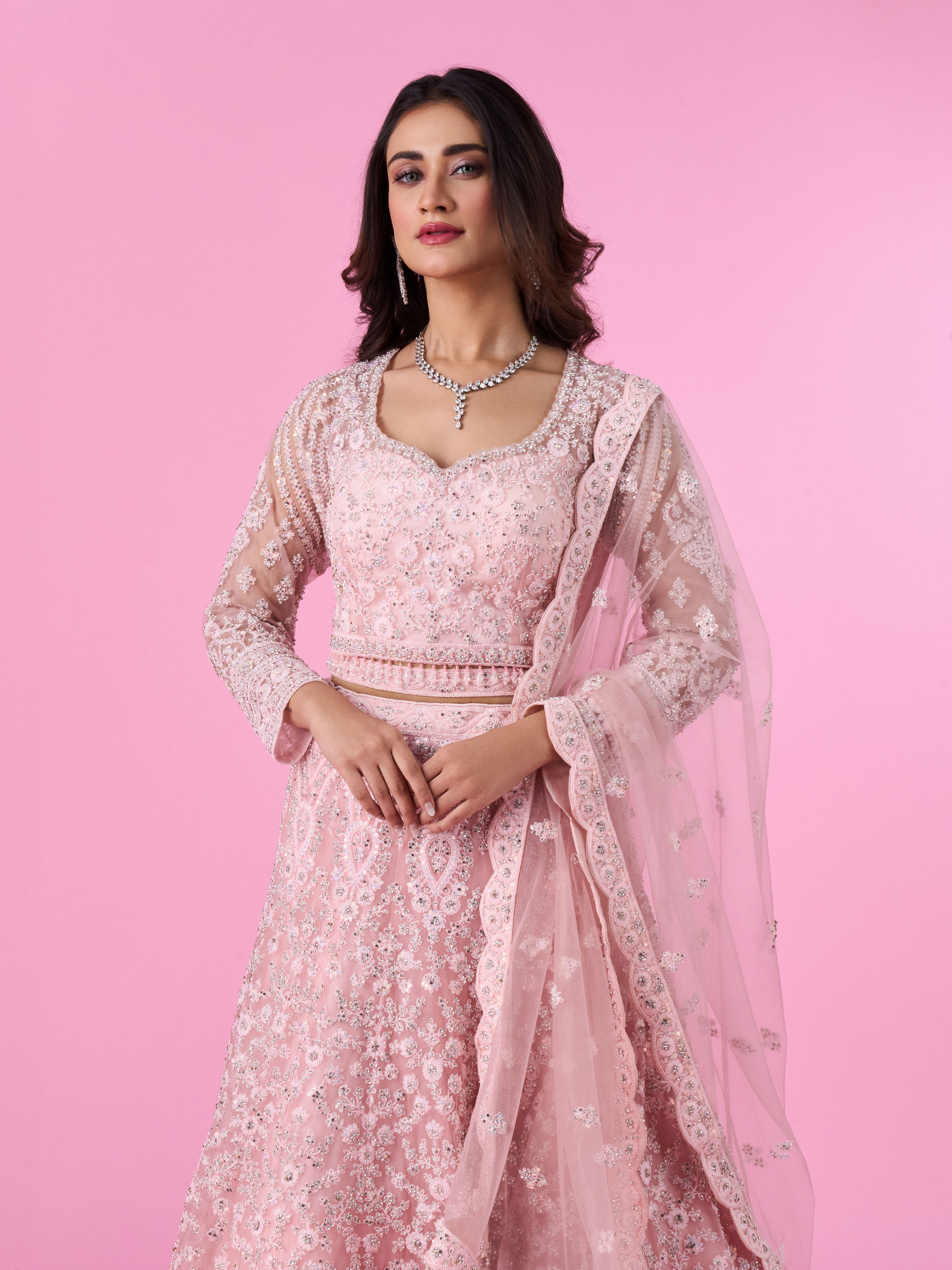 Mohey Women Peach Net Bridal Lehenga