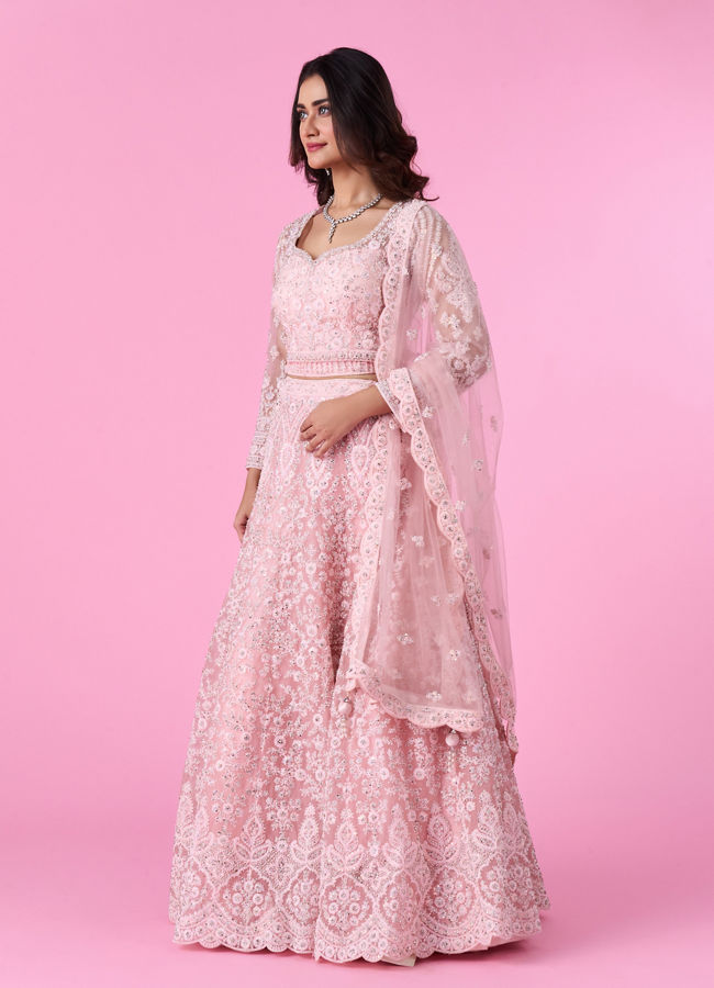 Mohey Women Peach Net Bridal Lehenga