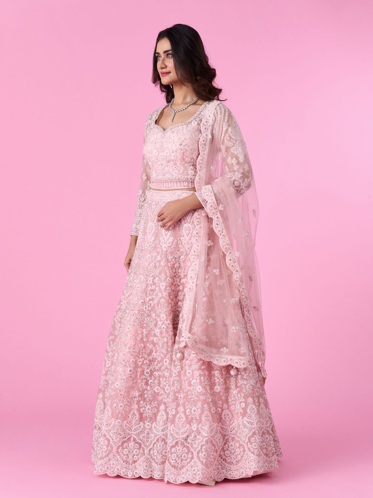 Mohey Women Peach Net Bridal Lehenga