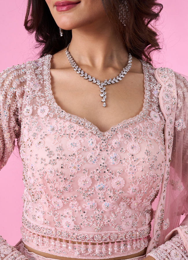 Mohey Women Peach Net Bridal Lehenga