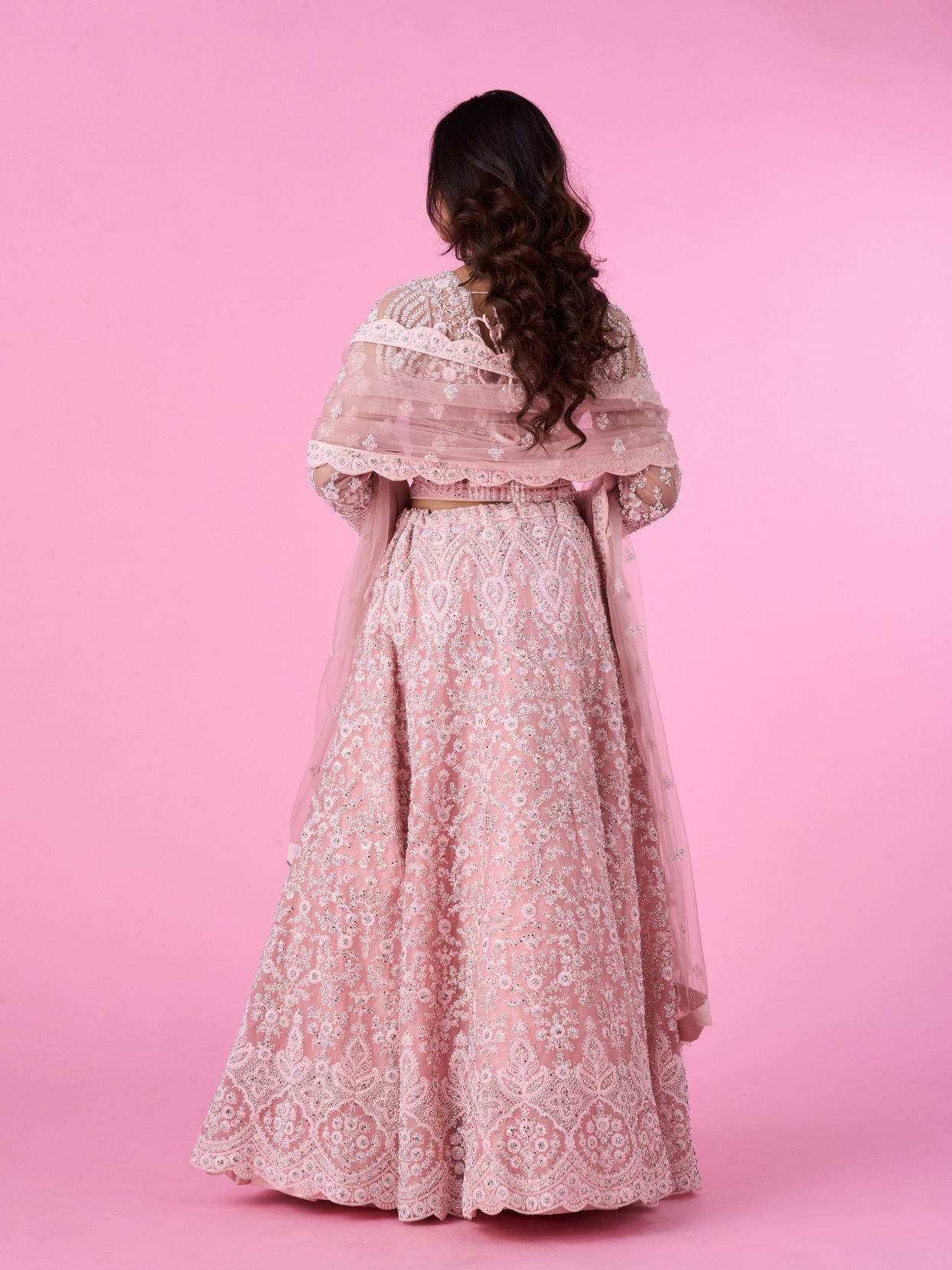 Mohey Women Peach Net Bridal Lehenga