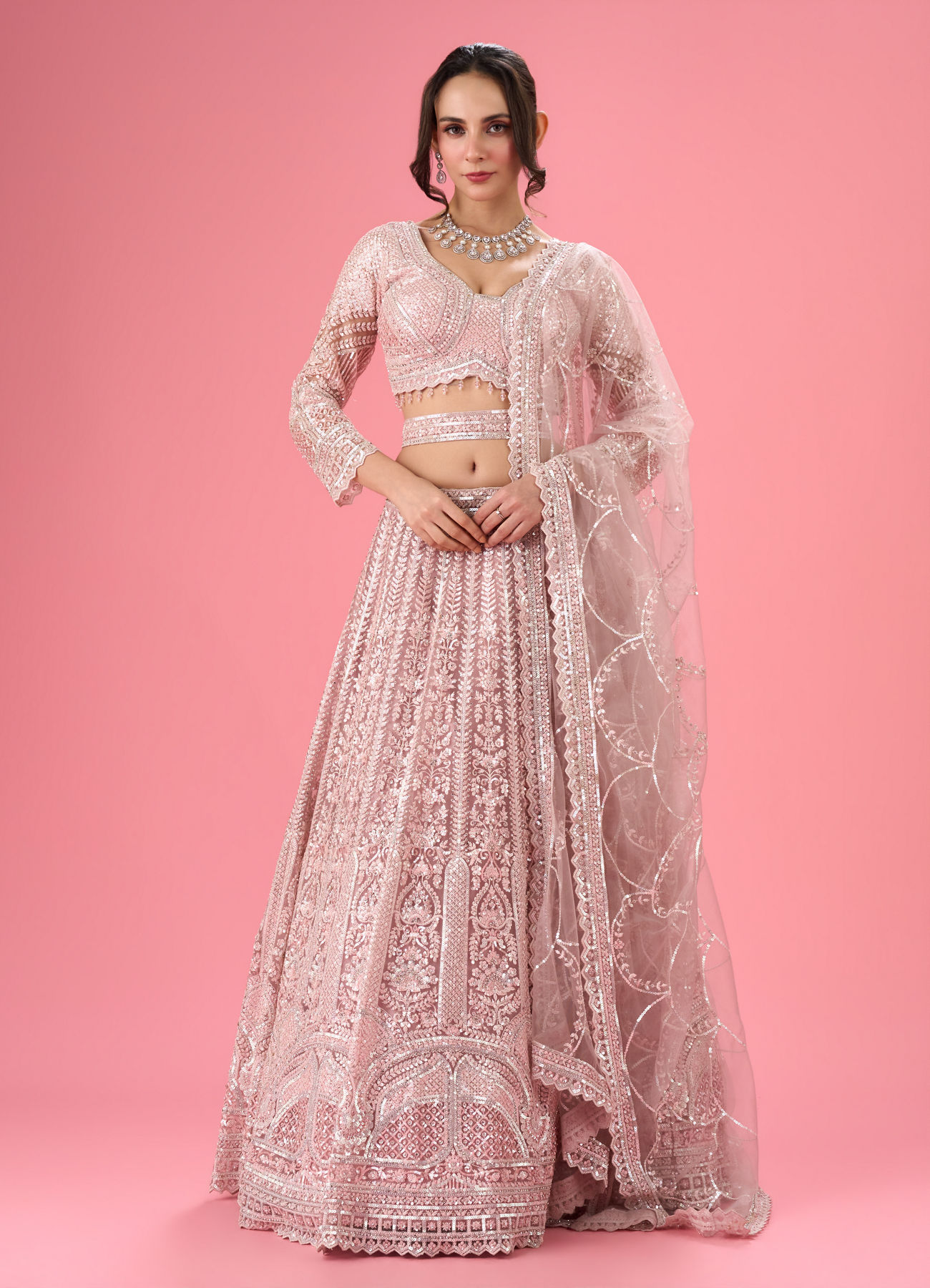 Mohey Women Dusty Pink Euphoria Net Lehenga