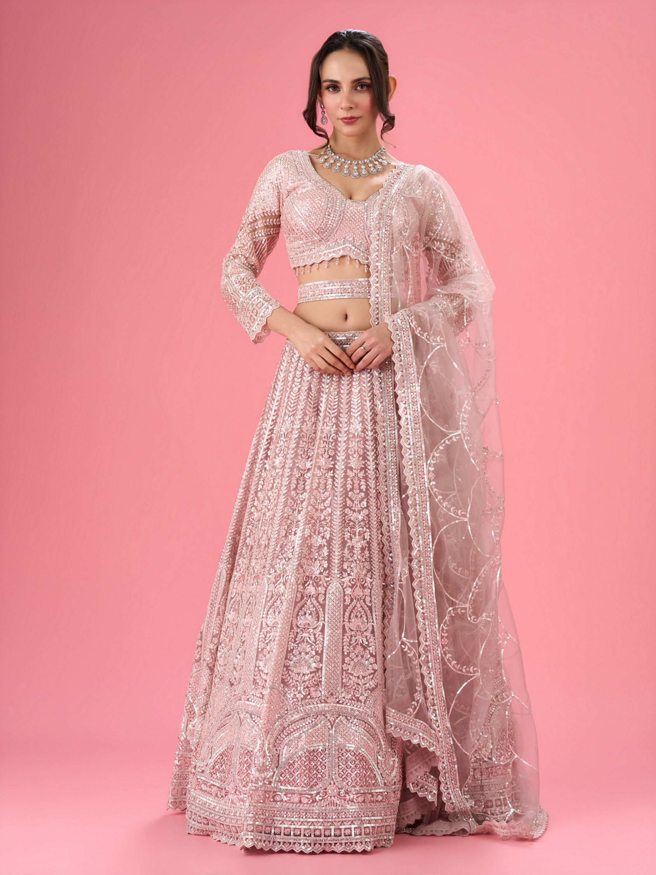 Mohey Women Dusty Pink Euphoria Net Lehenga