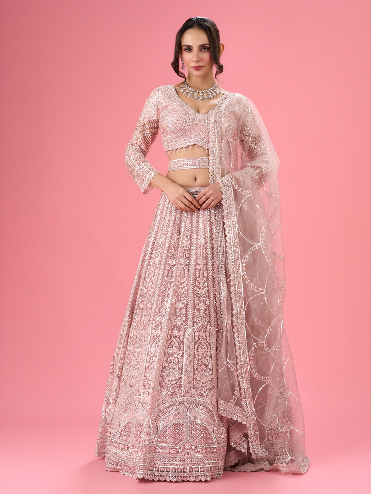 Mohey Women Dusty Pink Euphoria Net Lehenga