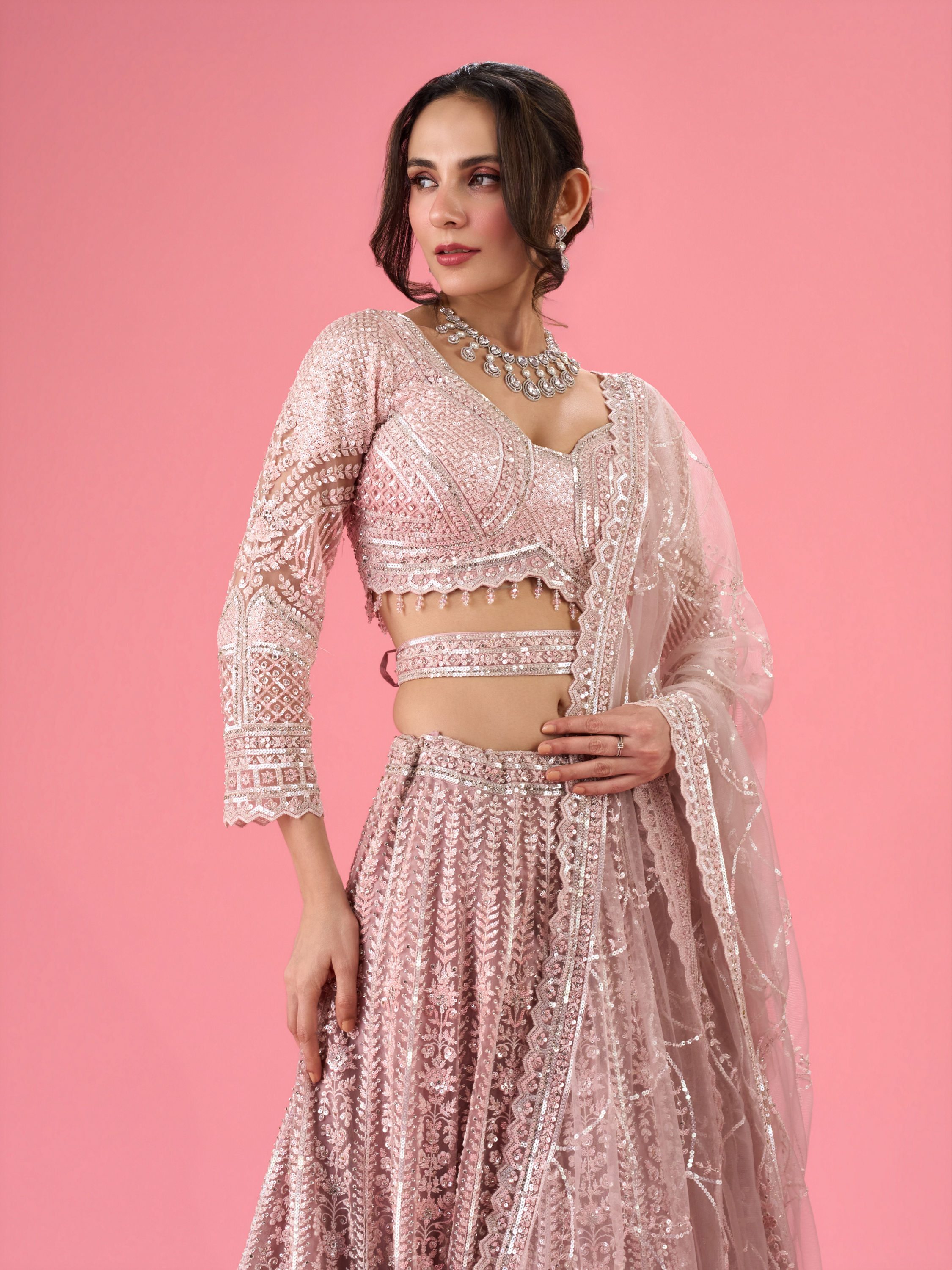 Mohey Women Dusty Pink Euphoria Net Lehenga