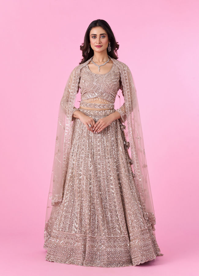 Mohey Women Glamourous Fawn Net Bridal Lehenga