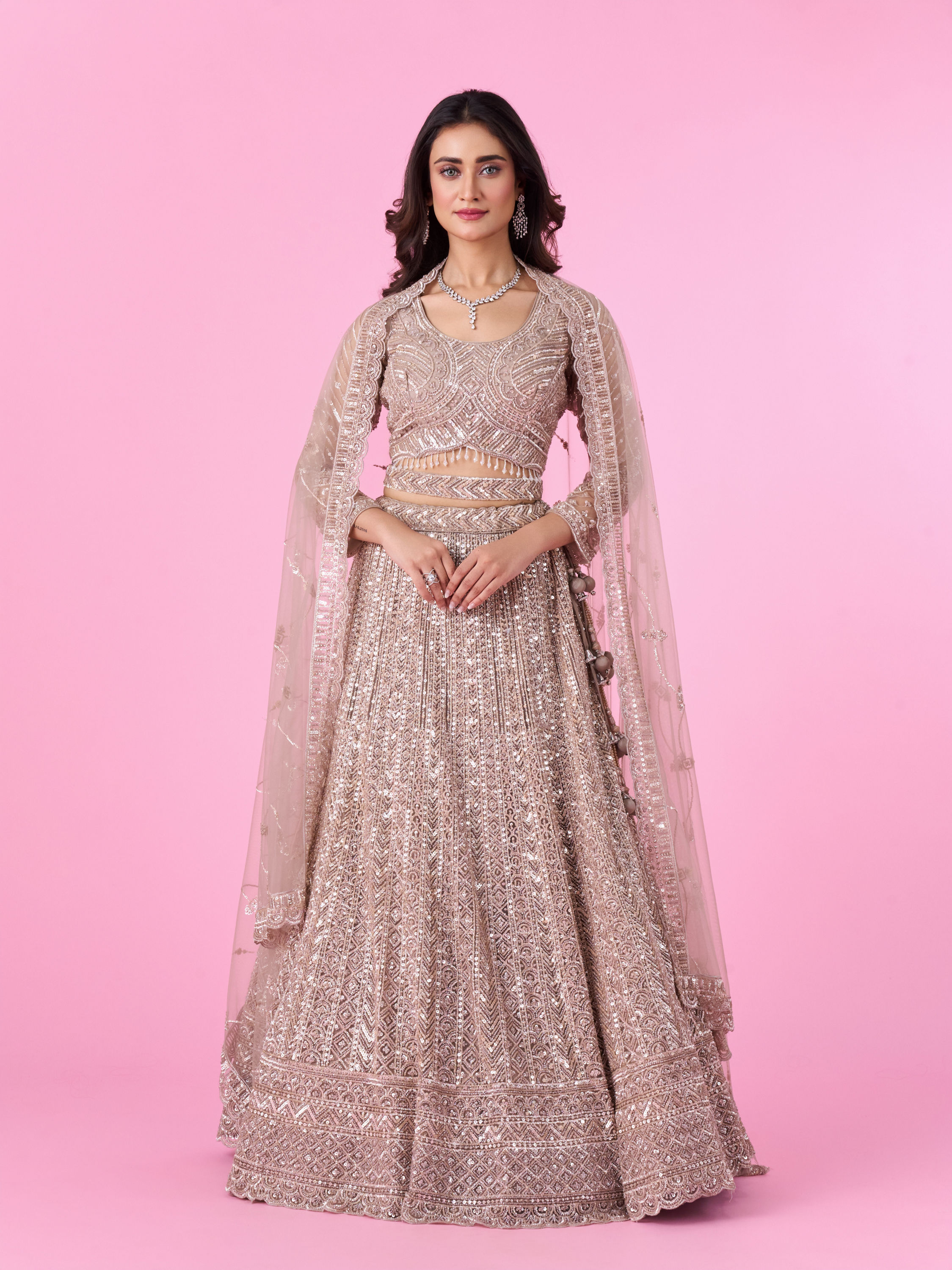 Mohey Women Glamourous Fawn Net Bridal Lehenga