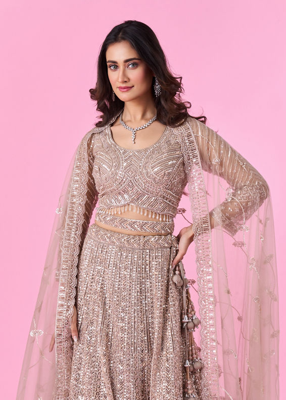 Mohey Women Glamourous Fawn Net Bridal Lehenga