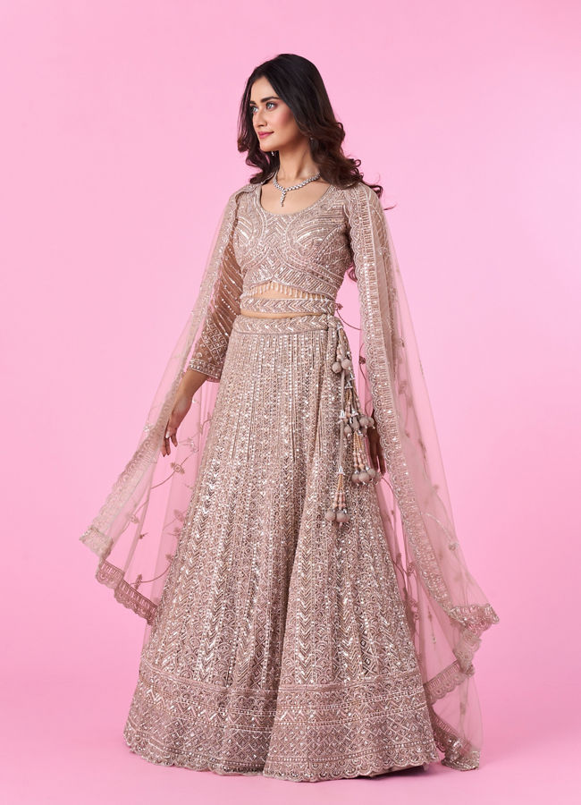 Mohey Women Glamourous Fawn Net Bridal Lehenga