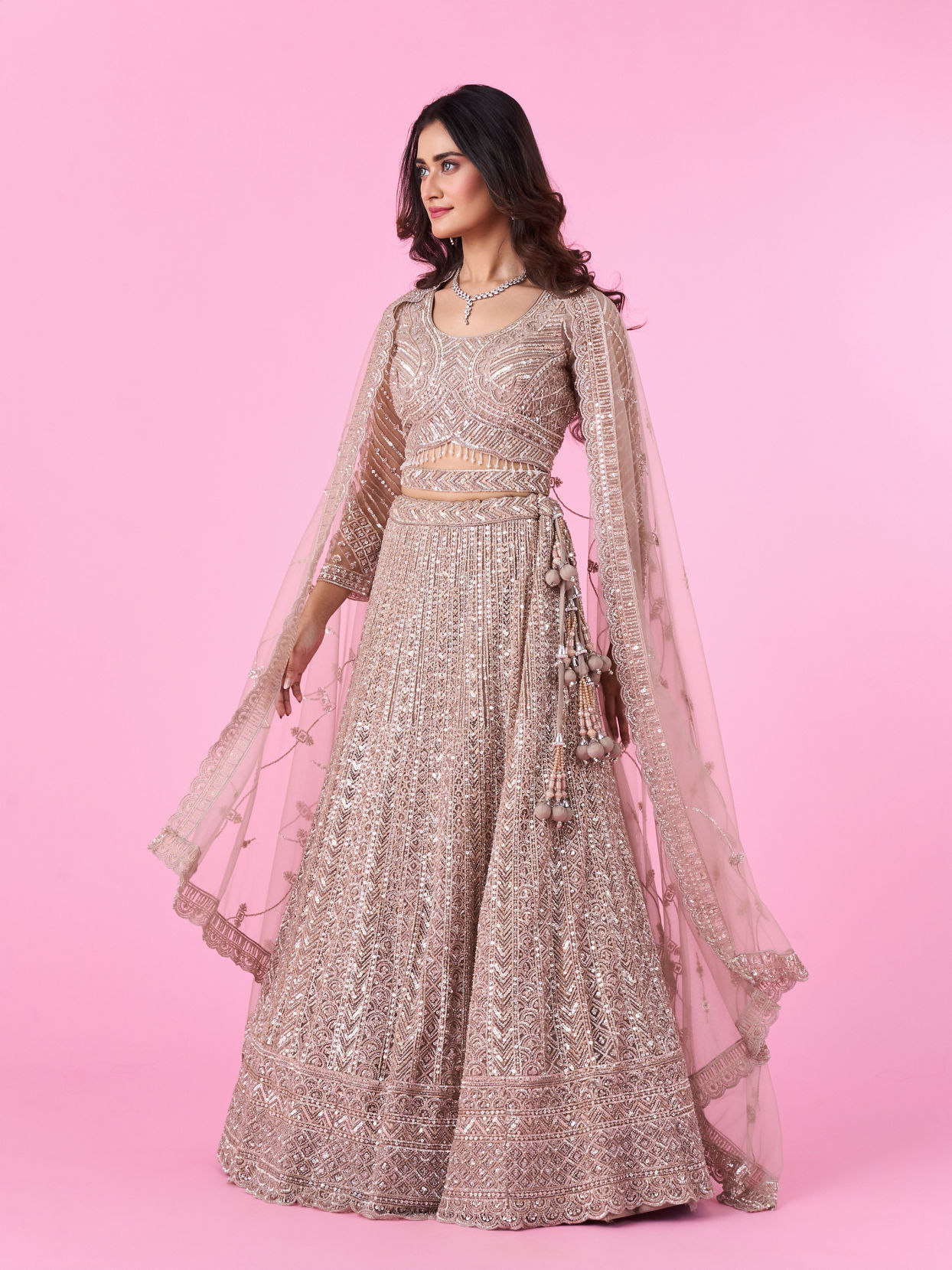 Mohey Women Glamourous Fawn Net Bridal Lehenga