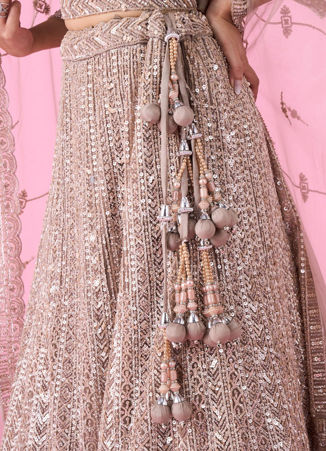 Mohey Women Glamourous Fawn Net Bridal Lehenga