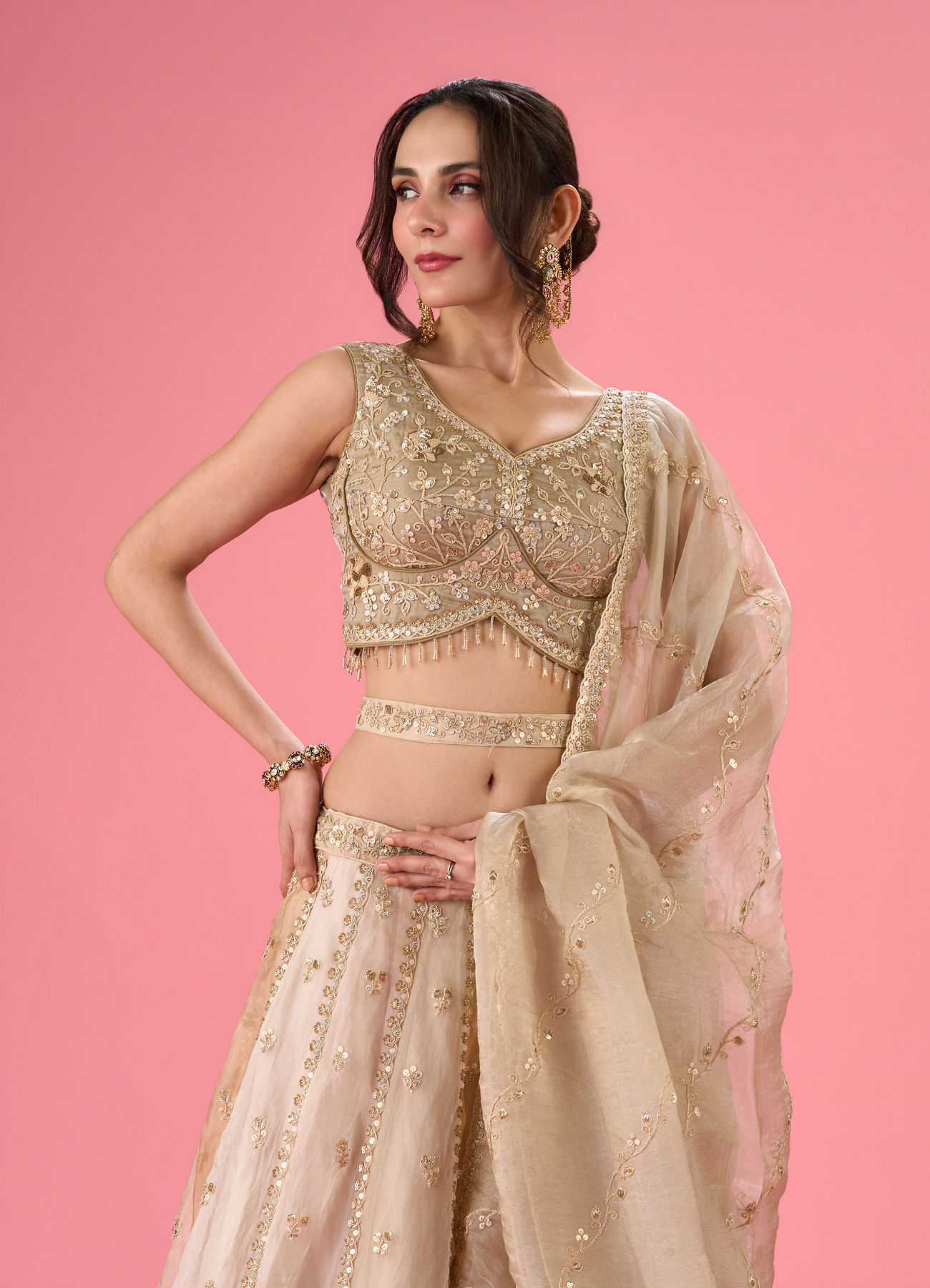 Mohey Women Pristine Cream Organza Lehenga